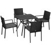 Outsunny 4 Seater Rattan Dining Set with Cushions, Wood Effect Metal Top Table with Umbrella Hole, PE Rattan Garden Furniture Set, Outdoor Dining Table and Chairs for Patio, Balcony, Lawn, Black
