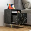 HOMCOM Marble Effect Bedside Table, Modern Side Table with Drawer, Open Shelf and Gold Tone Metal Legs for Bedroom, Living Room, Black