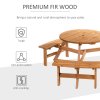 Outsunny 6 Seater Wooden Picnic Table and Garden Benches Set, Round Garden Dining Set with 3 Benches and Umbrella Hole Outdoor Garden Park, Brownish Red