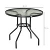 Outsunny 80 cm Round Dining Table with Parasol Hole, Outdoor Coffee End Side Table with Tempered Glass Top, Steel Frame for Garden, Black