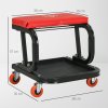 HOMCOM Workshop Stool, Rolling Machine Stool with 360?? Swivel, Padded Seat, Tool Tray, for Garage, Workshop, Auto Repair, Red