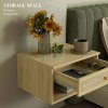 HOMCOM Floating Bedside Tables, Nordic Nightstands Set of 2 with Rattan Drawer and Open Shelf for Bedroom, Nature Wood Finish