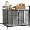 PawHut Dog Crate Furniture with 2 Rotatable Bowls, Dog Crate End Table with 2 Anti-Escape Doors, Storage Shelf, for Large Dogs, 100 x 60 x 88 cm, Grey