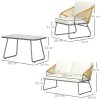Outsunny 4 Piece Rattan Garden Furniture Set, Wicker Patio Outdoor Furniture Set with Loveseat, Armchairs, Glass Top Coffee Table and Cushions for Patio, Conservatory, Balcony, Natural Wood Finish