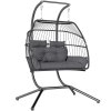 Outsunny Rattan Double Hanging Egg Chair with Stand, Foldable Wicker Swing Egg Chair with Cushion, Head Pillows, Steel Frame, Hammock Chair for Indoor Outdoor, Capacity 260 kg, Dark Grey