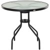 Outsunny 80 cm Round Garden Dining Table with Parasol Hole for 4, Outdoor Coffee Bistro End Side Table with Tempered Glass Top and Steel Frame for Patio, Porch, Black