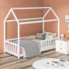 HOMCOM House-Shaped Kids Bed Frame, Solid Pine Wood Single Bed Frame with Safety Fence for Kids Boys and Girls, White