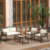 Outsunny 4 Piece Rattan Garden Furniture, 4 Seater Rattan Sofa Set, Round Wicker Rope Patio Conversation Set with 2 Armchairs, Loveseat, Glass Top Coffee Table and Cushions for Outdoor, Balcony, Grey