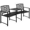 Outsunny Patio Tete-a-tete Chair 2 Seat Bench Middle Coffee Table w/ Umbrella Hole for Outdoors Decorative Slatted Design Steel Frame Black