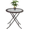 Outsunny Folding Rattan Garden Dining Table, 68 cm Round Rattan Garden Table with Water Ripple Tempered Glass Top, Wicker Edging  and Steel Frame for Outdoor, Patio, Brown