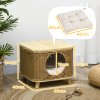 PawHut Wicker Cat House, Elevated Design Rattan Cat Bed Basket with Washable Soft Cushion, Door Hole, for Indoor Cats Kittens, Light Brown