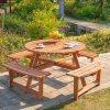 Outsunny 8 Seater Wooden Picnic Table and Garden Benches Set, Round Garden Dining Set with 4 Benches and Umbrella Hole Outdoor Garden Park, Brownish Red