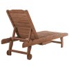 Outsunny Garden Patio Sun Lounger, Outdoor Wooden Sun Bed with Built-In Table, Reclining Backrest and Rolling Wheels for Sunbathing, Red Brown