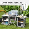 Outsunny Folding Camping Kitchen, Portable Aluminium Camping Table with 3 Fabric Cupboards, Windshield, Light Stand, Carrying Bag for BBQ, RV, Picnic, Grey