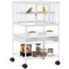 Pawhut Bird Cage, Metal Parrot Cage with Rolling Stand Wheels, Acrylic Viewing Panels, Storage Shelf, Slide-out Tray, Perches, Feeders, for Budgie, Parakeet, Canary, Finch, White, 48 x 46 x 83 cm