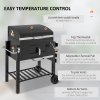 Outsunny Charcoal Grill BBQ Trolley with Adjustable Charcoal Grate, Garden Metal Smoker Barbecue with Shelf, Side Table, Wheels, Built-in Thermometer, Bottle Opener