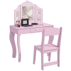 AIYAPLAY Kids Dressing Table with Tri-Fold Mirror and Stool, Kids Vanity Table, Girls Make up Desk with Drawer, for Aged 3-8 Years Old - Pink