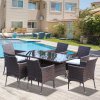 Outsunny 7-Piece Rattan Garden Furniture Set with Cushions, 6 Seater Garden Table and Chairs, Rattan Dining Set with 6 Armchairs, Rectangular Glass Top Table, Brown