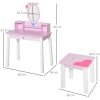HOMCOM 2 PCS Kids Wooden Dressing Table and Stool Girls Vanity Table Makeup Table Set with Mirror Drawers Role Play Toy for Toddlers Age 3 Years +, Pink and White