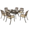 Outsunny 7 Pieces Cast Aluminium Garden Dining Set, 6 Seater Garden Table and Chairs with Parasol Hole, Outdoor Garden Furniture Set with Cushions for Patio, Bronze Tone