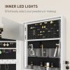 HOMCOM Jewellery Cabinet with LED Lights, Door Hanging or Wall Mounted Full Length Mirror with Storage, Lockable Jewellery Organiser, White Surface and Black Lining