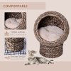 PawHut Wicker Cat House, Raised Cat Bed with Cylindrical Base, Soft Washable Cushion, Woven Water Hyacinth Cat Basket for Indoor and Outdoor, 42 x 33 x 52 cm - Dark Brown