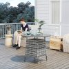 Outsunny Wicker Garden Rattan Table, Patio Furniture Outdoor Coffee Table with Umbrella Hole and Tempered Glass Top, Grey