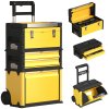 HOMCOM 3-in-1 Rolling Tool Box, Stackable, Modular Powder Coated Steel Toolbox with Tray, Handles, Latches, Wheels, Heavy Duty Tool Storage System for Workshop, Garage, 520mm x 320mm x 720mm, Yellow