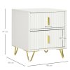 HOMCOM Modern 2 Drawer Dresser, Fluted Bedroom Dresser Chest of Drawers with Metal Legs and Steel Handles for Bedroom, White