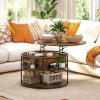 HOMCOM Lift Top Coffee Table, Round Coffee Table with Storage Shelf, Hidden Compartment and Steel Frame for Living Room, Home Office, Brown