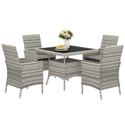 Outsunny Rattan Garden Furniture Set, Outdoor Dining Table and Chairs 4 Seater with Cushions, Square Tempered Glass Top, 4 Armchairs, for Balcony, Terrace, Conservatory, Mixed-Grey