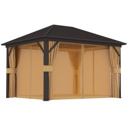 Outsunny 3 x 3.6m Outdoor Hardtop Gazebo Metal Roof Patio Gazebo with Aluminium Frame, Mesh Nettings, Curtains, & Roomy Interior Space, Brown