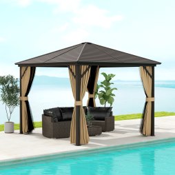 Outsunny 3 x 3 m Hardtop Gazebo with Netting and Curtains, Garden Gazebo Canopy Shelter with Metal Roof, Aluminium Frame, for Garden, Deck, Bronze Tone