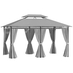 Outsunny 4m x 3(m)Garden Gazebo, Double Roof Outdoor Gazebo Canopy Shelter with Curtains, Solid Steel Frame for Lawn and Deck, Dark Grey