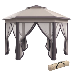 Outsunny 3 x 4m Garden Gazebo Hexagon Pop Up Gazebo Party Tent Canopy Double Roof Instant Shelter with Netting and Carry Bag for Outdoor Patio, Beige