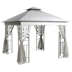 Outsunny 3(m) x 3(m) Garden Gazebo, Double Roof Outdoor Gazebo Canopy Shelter with Netting, Solid Steel Frame, for Garden, Lawn and Deck, Light Grey