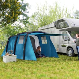 Outsunny Inflatable 3-4 Man Tunnel Tent w/ Air Pump, Living Area & Vestibule, Waterproof Family Camping Air Tent w/ Sewn In Groundsheet & Removable Footprint for Camping, Hiking, Blue
