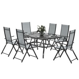 Outsunny 7 Pieces Garden Dining Set, 6 Seater Garden Furniture Set with Parasol Hole, Outdoor Dining Set with High Back Folding Chairs and Square Metal Top Table for Outdoor Patio, Grey