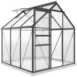 Outsunny Polycarbonate Greenhouse, Small Greenhouse with Adjustable Roof Vent, Garden Green House with Galvanised Base, Sliding Door and Rain Gutter, 190 x 190 x 200 cm, Grey
