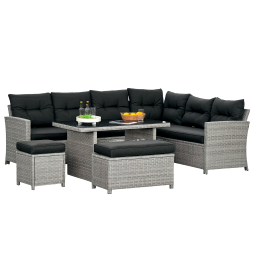 Outsunny 5 Pieces PE Rattan Garden Furniture Set with Corner Sofa, Patio Sofa Set with Glass Table, Stools, Cushions, for Poolside, Mixed Grey