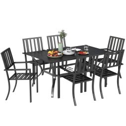 Outsunny 7 Pieces Patio Dining Set, 6 Seater Outdoor Table and Stackable Chairs with Umbrella Hole, Galvanised Steel Frame, Space Saving, for Poolside, Garden, Black
