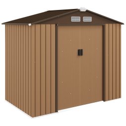 Outsunny 7 x 4ft Metal Garden Shed, Outdoor Storage Tool House with Ventilation Slots, Foundation Kit and Lockable Double Doors, Light Brown