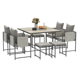 Outsunny 9 Piece Garden Dining Set, Cube Outdoor Garden Furniture Set with Cushions, 8 Seater Garden Table and Chairs with 4 Stools, Square PSPC Plastic Top Table, Side Pockets for Conservatory, Grey