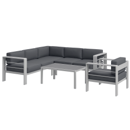 Outsunny 5-Piece Garden Corner Sofa Set with Cushions, 6 Seater Aluminium Garden Furniture Set with Glass Top Coffee Table, Patio Sectional Conservatory Furniture for Patio & Terrace, Light Grey
