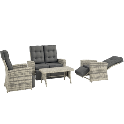 Outsunny 4 Piece Rattan Garden Furniture Set with Adjustable Backrest, Wicker Outdoor Furniture Sofa Set with Loveseat, Reclining Armchairs, Thickened Cushions and Glass Top Table, Light Grey