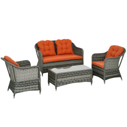 Outsunny 4 Pieces Outdoor PE Rattan Garden Furniture with Cushions, Patio Special Hand Weave Wicker Conservatory Sofa Set with Glass Top Coffee Table, Orange