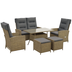 Outsunny 6 Seater Rattan Dining Set with 2 Reclining Chairs, Loveseat, 2 Stools, Rattan Garden Furniture Set with Cushions, Rectangular Glass Top Table, Aluminium Frame, Mixed Grey