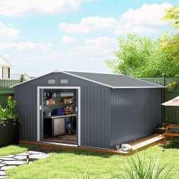 Outsunny 13 x 11ft Metal Garden Shed, Outdoor Storage Tool House with Ventilation Slots, Foundation Kit and Lockable Double Doors