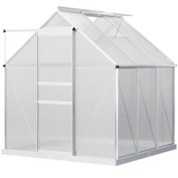 Outsunny Polycarbonate Greenhouse, Small Greenhouse with Adjustable Roof Vent, Garden Green House with Galvanised Base, Sliding Door and Rain Gutter, 190 x 190 x 200 cm, Silver Tone