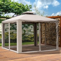 Outsunny 3 x 3 m Metal Gazebo, Garden Pavillion, Double Roof Outdoor Canopy Shelter with Mesh Sidewalls, Taupe